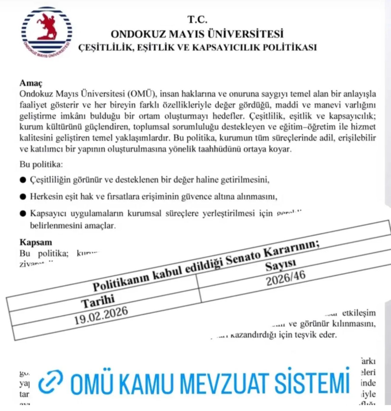 OMÜ Çeşitlilik Eşitlik ve Kapsayıcılık Politikası